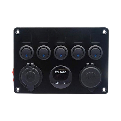 5 way blue switch panel with 12v socket, dual USB A ports and voltmeter for caravan, rv, and campervan installs