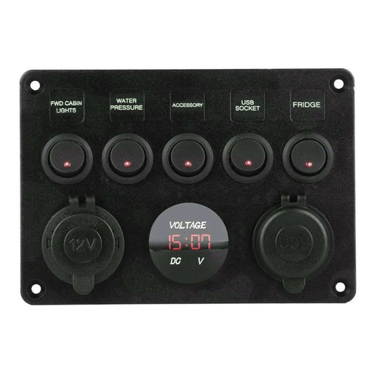 5 way switch panel with 12v socket dual usb a ports and voltmeter