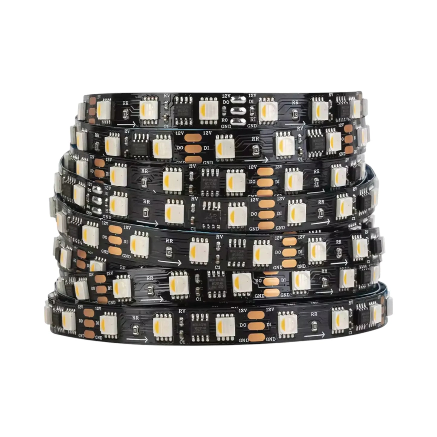 5m RGBW-Cool LED strip on black PCB rolled on bench