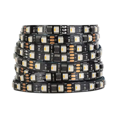 5m RGBW-Cool LED strip on black PCB rolled on bench