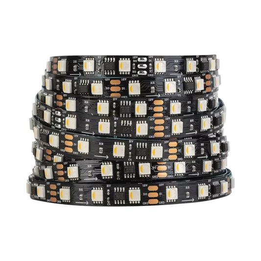 5m RGBW-Cool LED strip on black PCB rolled on bench