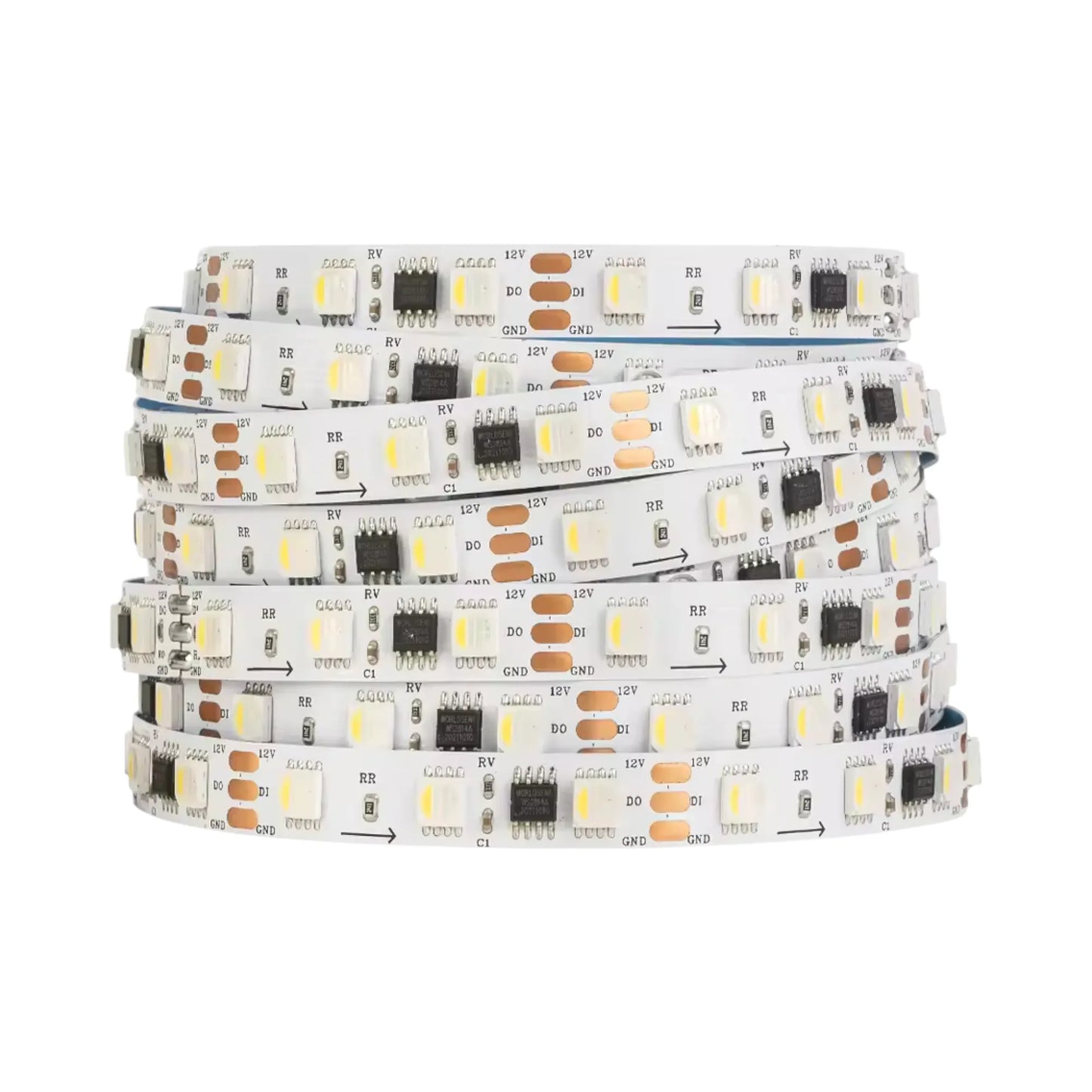 5m RGBW-Cool LED strip on white PCB coiled on bench