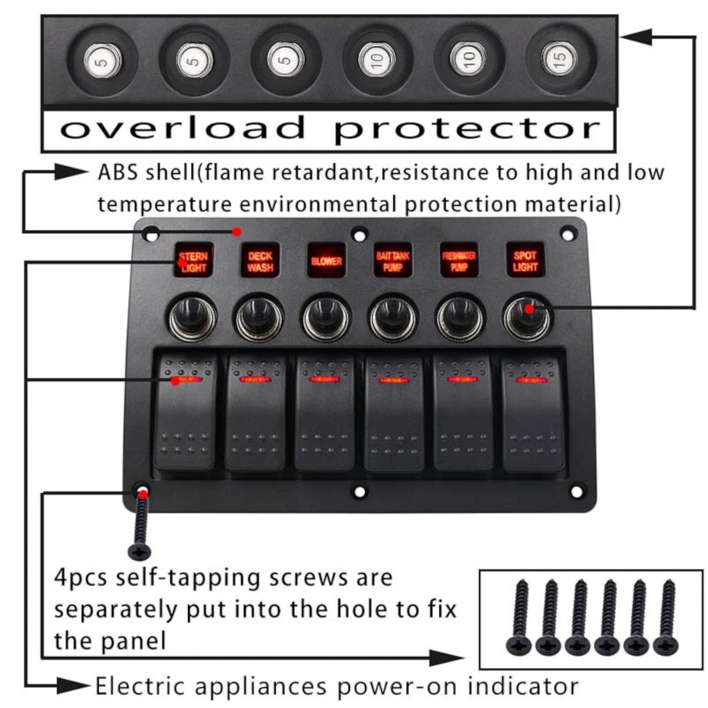 caravan 6 switch panel for accessory control with circuit breaker protection