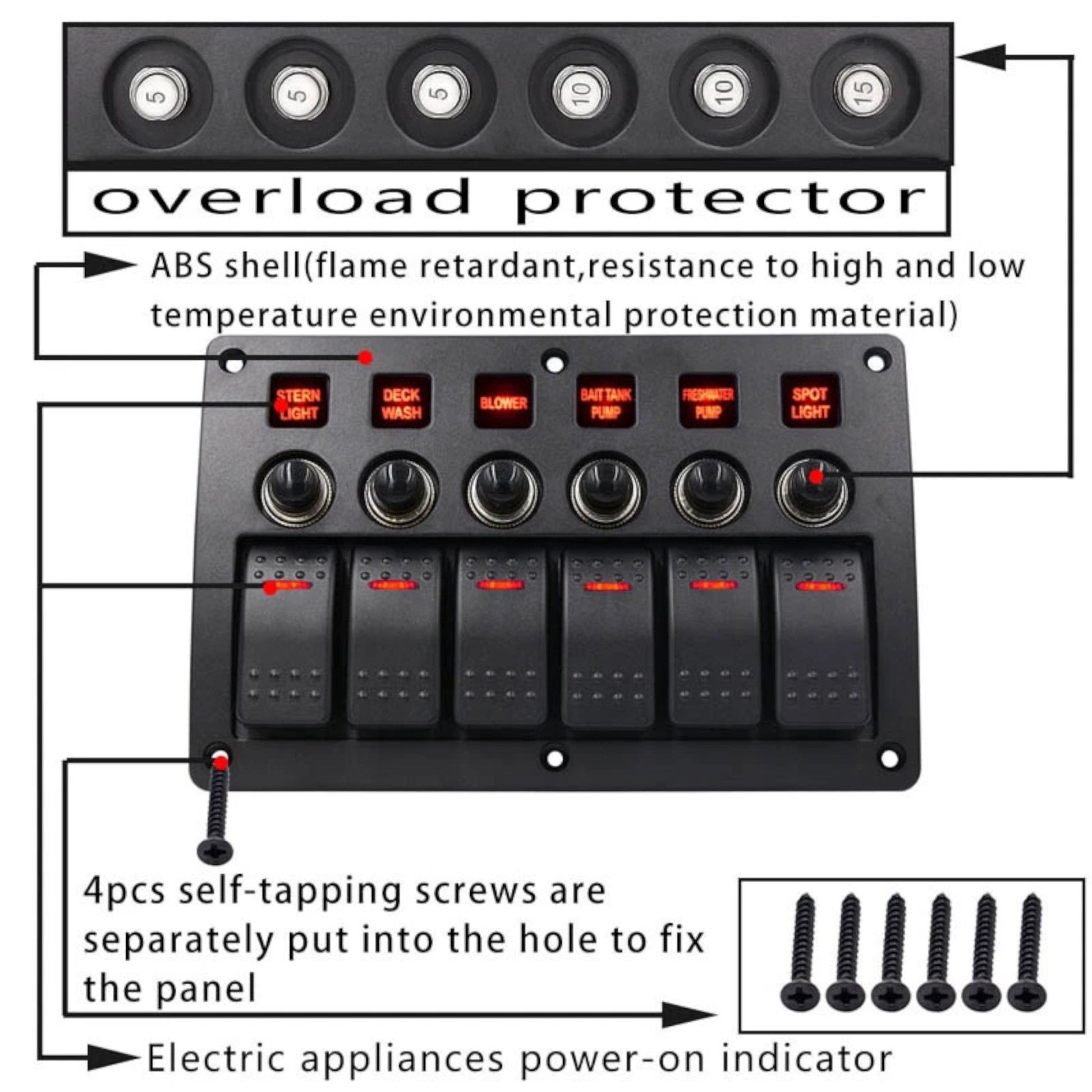 caravan 6 switch panel for accessory control with circuit breaker protection