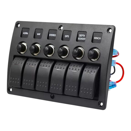 6 way rocker switch panel with circuit breakers and red led indicators