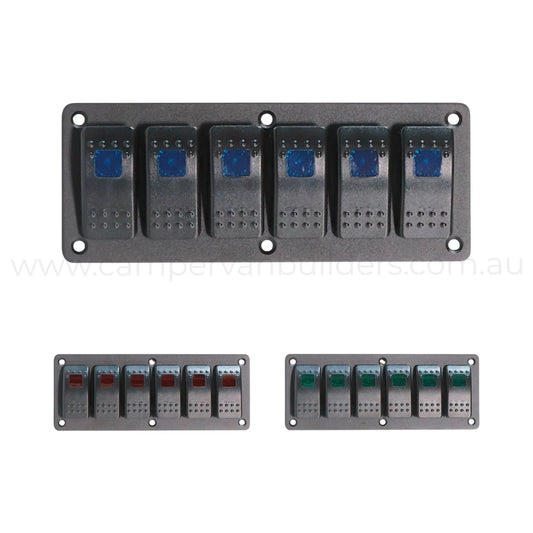 6 way rocker switch panel with single led illumination for campervan electrical control
