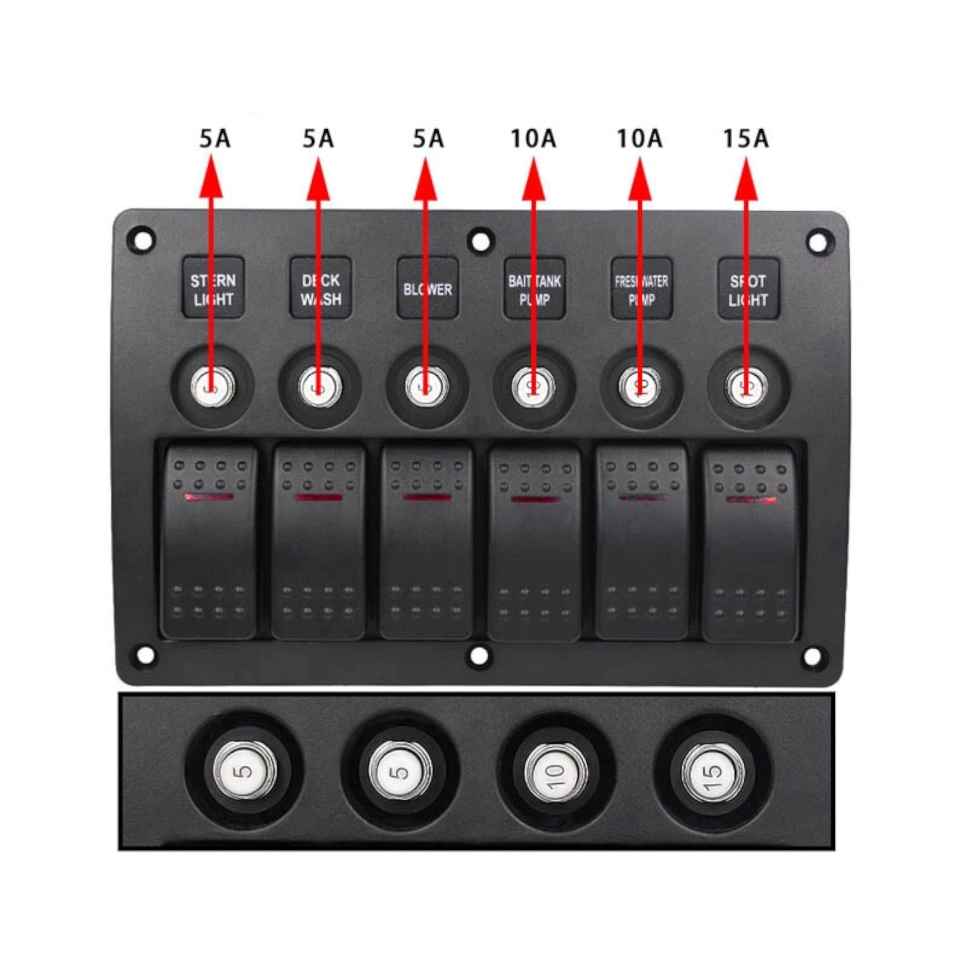 rv 6 way control panel with circuit breakers and red illumination