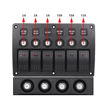 rv 6 way control panel with circuit breakers and red illumination