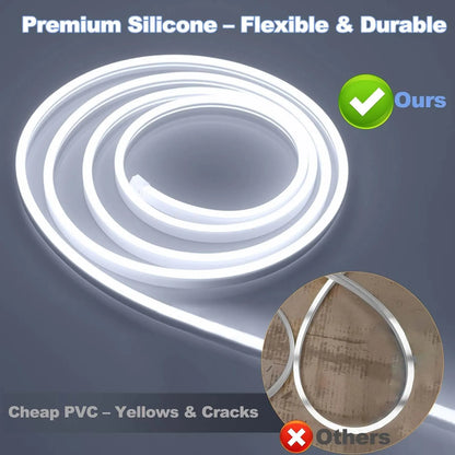 close-up of 6000K neon flex strip glowing cool white