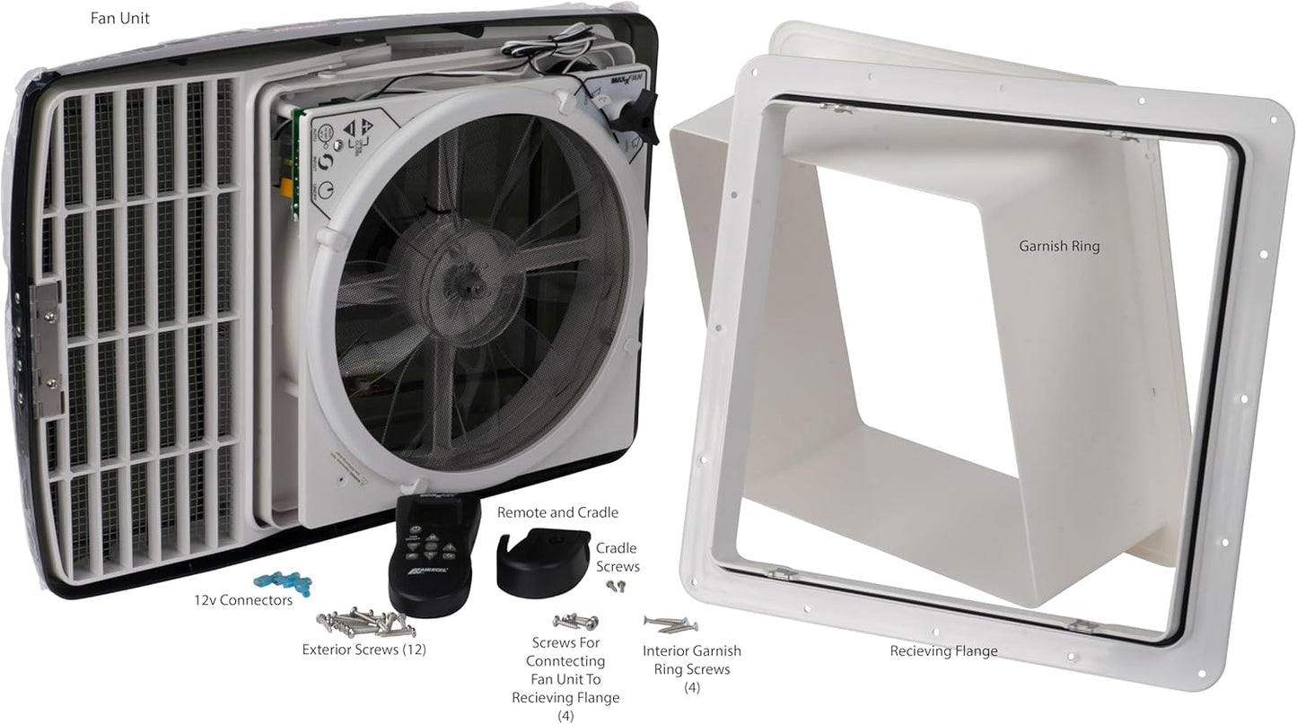 MaxxFan Deluxe with Rain Dome, Thermostat, Power Lift and Remote (White) 360x360 Cutout
