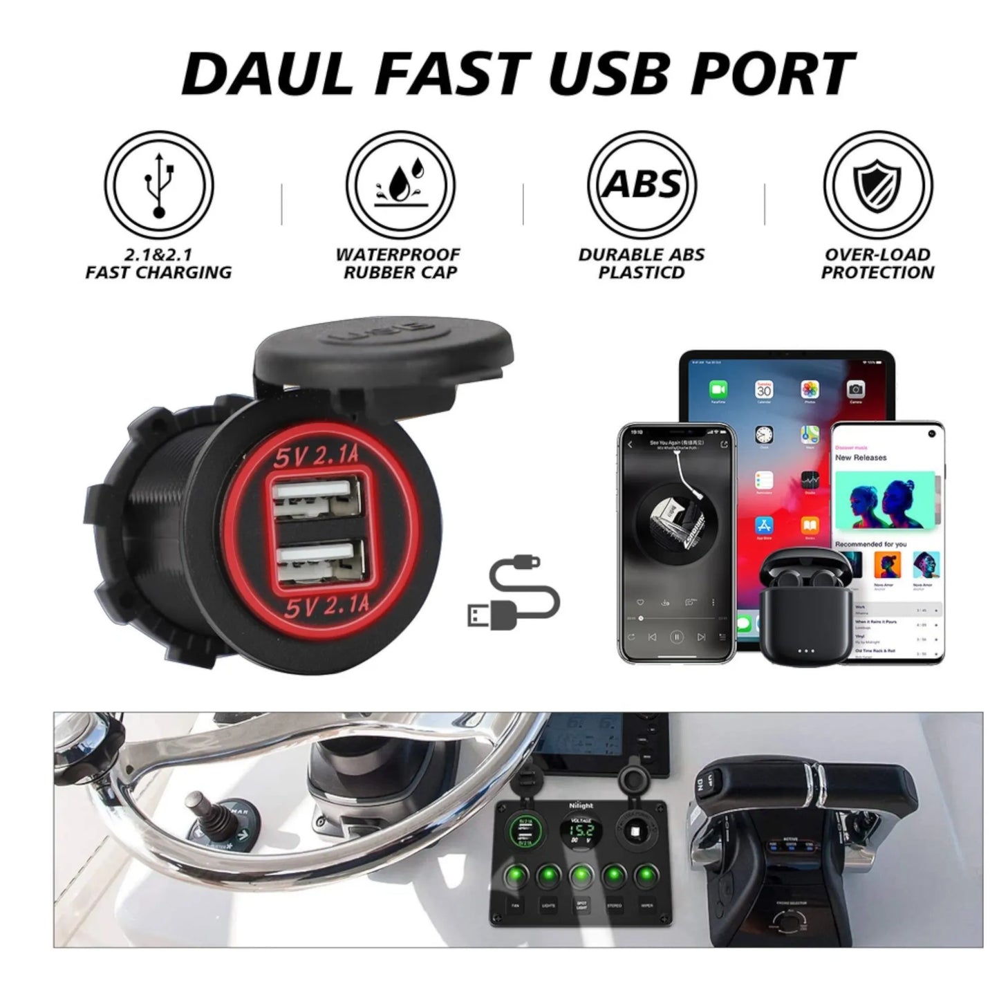 rv 8 way control panel with usb charging and 12v power outlet