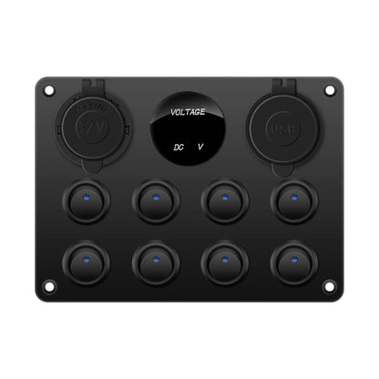 8 way rocker switch panel with dual usb ports and 12v socket