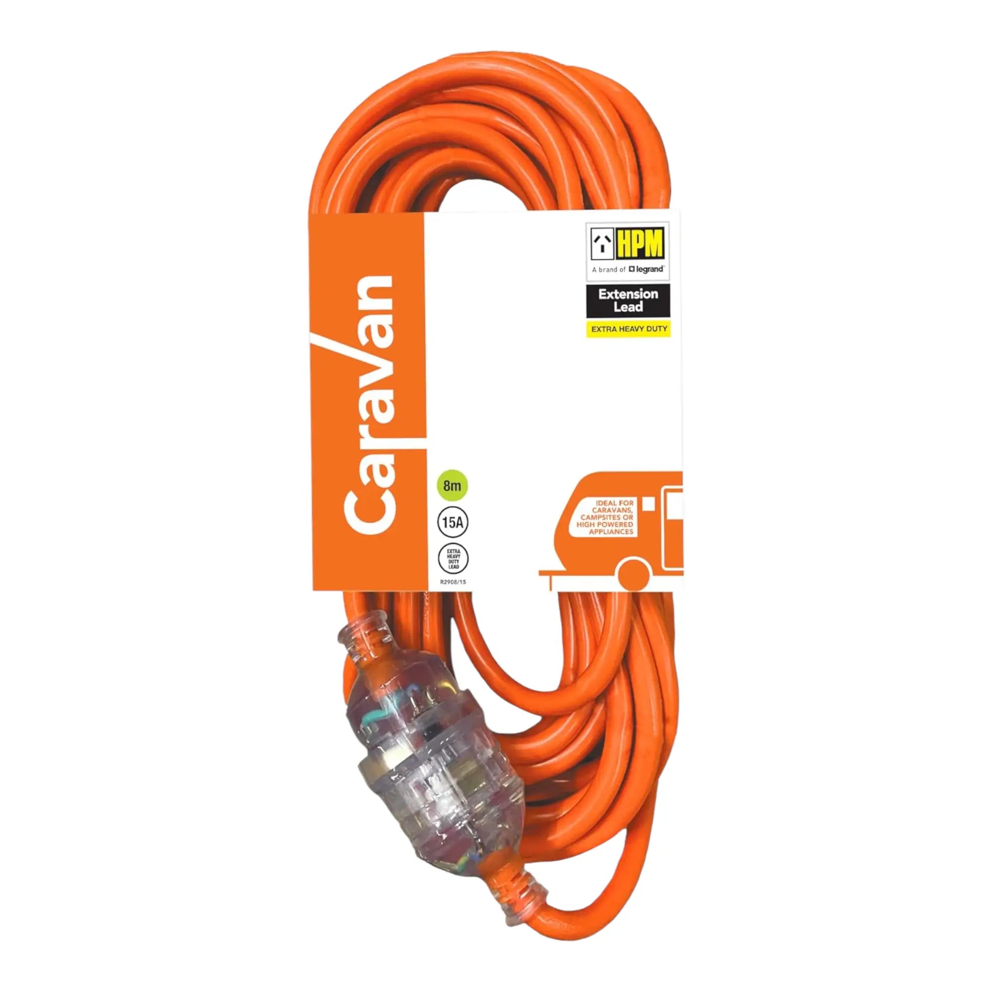 Orange extension lead with Caravan branding on a white background