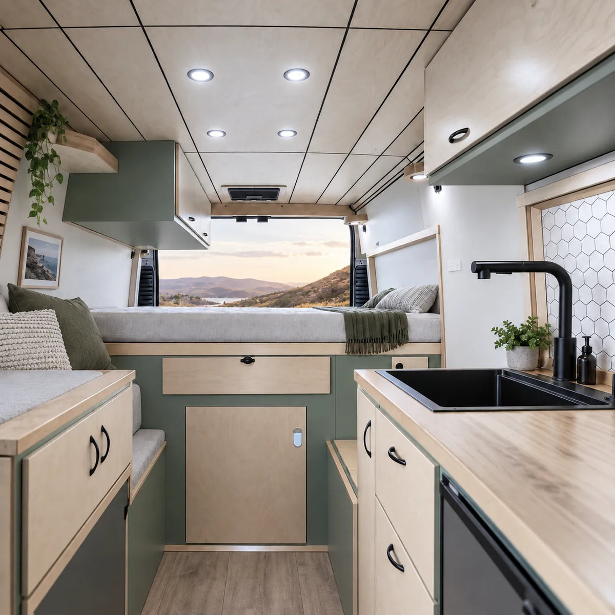 Black Treklo 12v caravan ceiling lights supplied as a four pack for modern touring fitouts