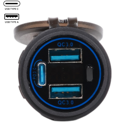 Blueline Trio USB-A + USBC Charger Socket With Voltmeter 12-24v