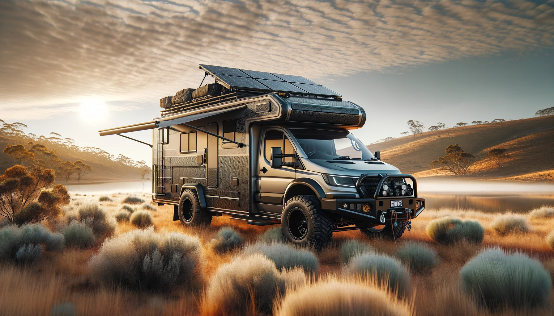 Modern off-road camper van in a scenic outdoor setting with mountains and sunset.