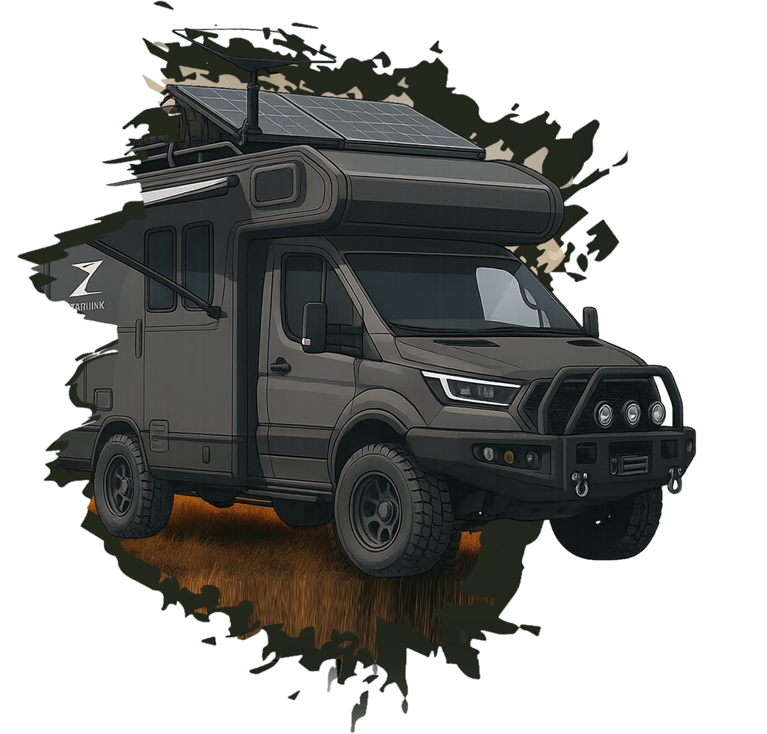Black off-road camper van with solar panel with an australian outback scene 