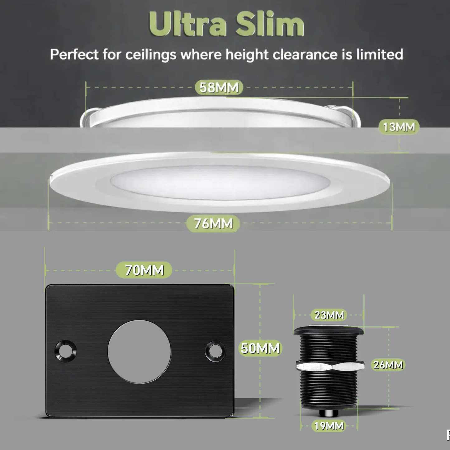 Ultra slim ceiling light fixture with dimensions on a gray background