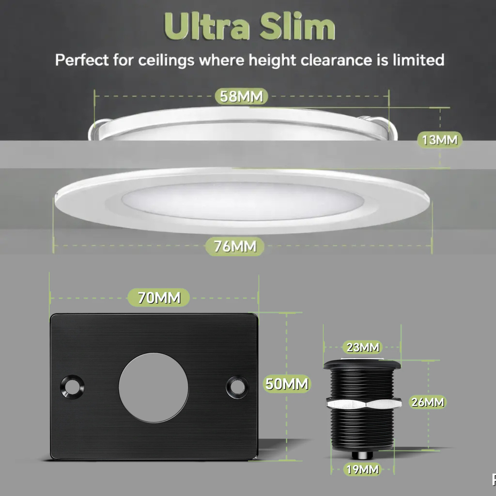 Ultra slim ceiling light fixture with dimensions on a gray background