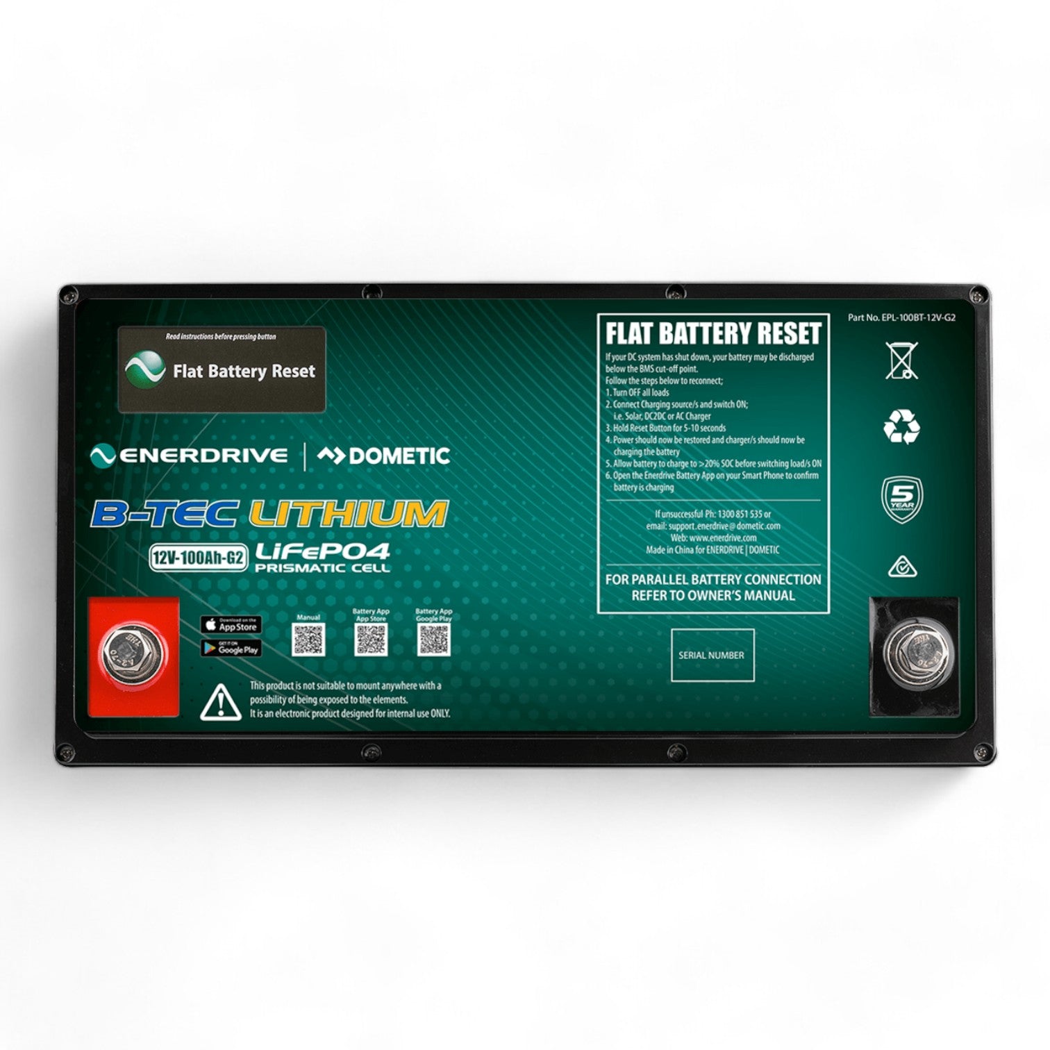Close-up of Enerdrive 12V 100Ah G2 lithium battery with Bluetooth monitoring