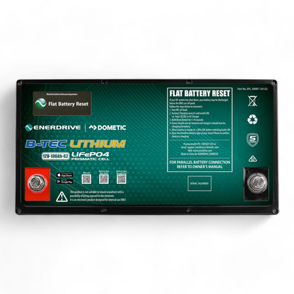 Close-up of Enerdrive 12V 100Ah G2 lithium battery with Bluetooth monitoring