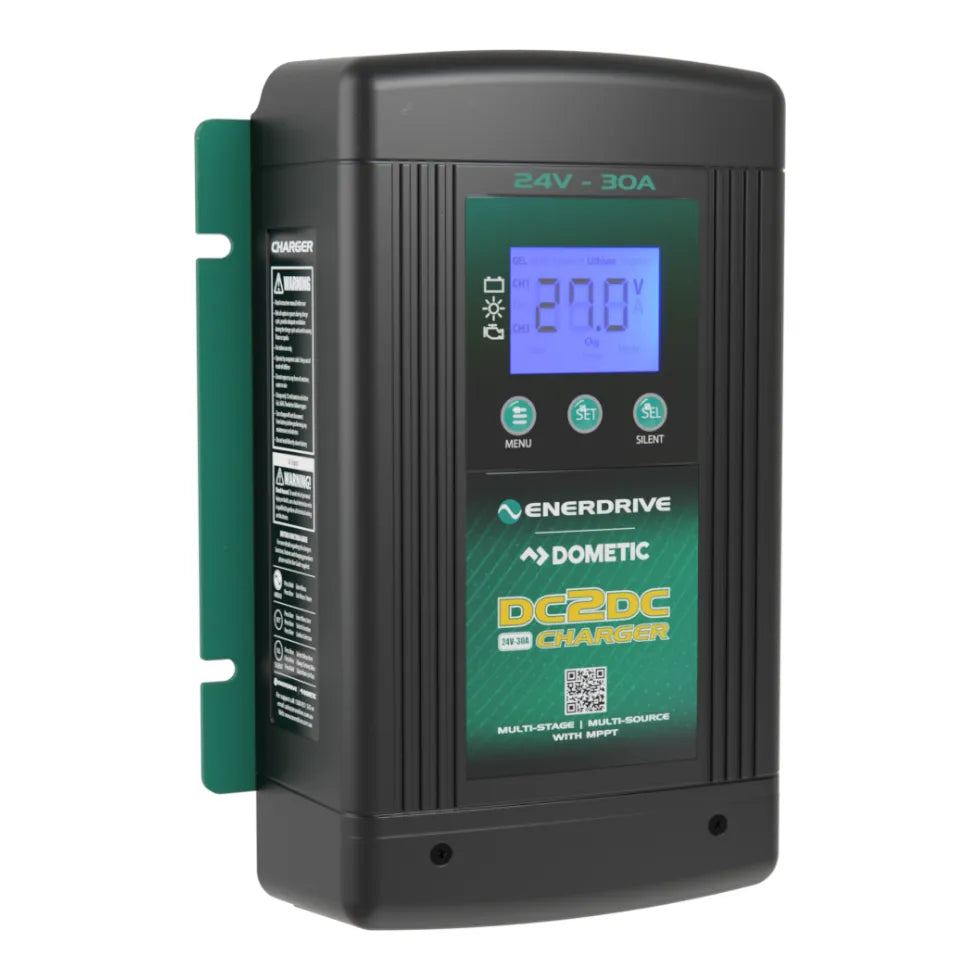 Close-up of Enerdrive ePower 24V DC2DC charger with solar input wiring