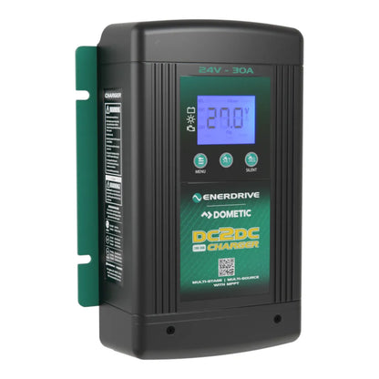 Close-up of Enerdrive ePower 24V DC2DC charger with solar input wiring