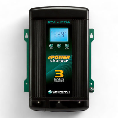 Enerdrive 12V 20A AC battery charger installed in campervan setup