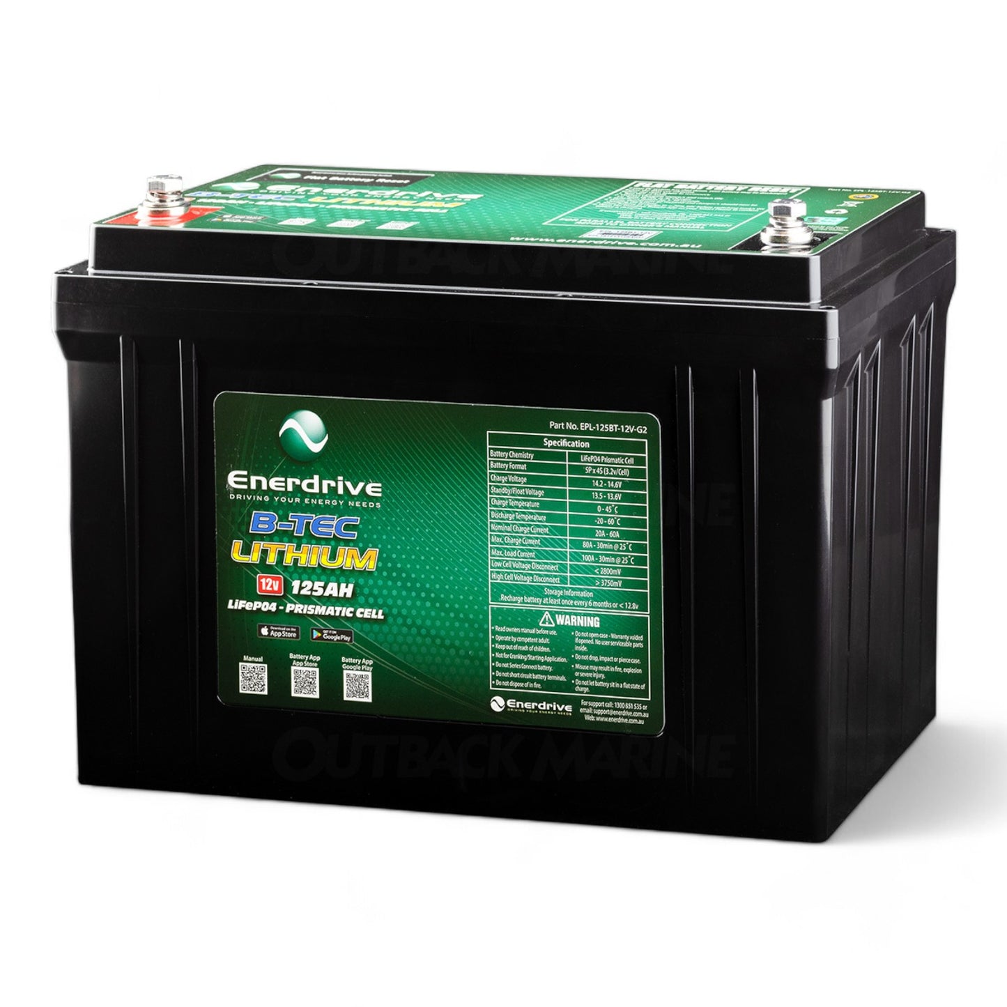 Close-up of Enerdrive 12V LiFePO4 125Ah battery with Bluetooth app