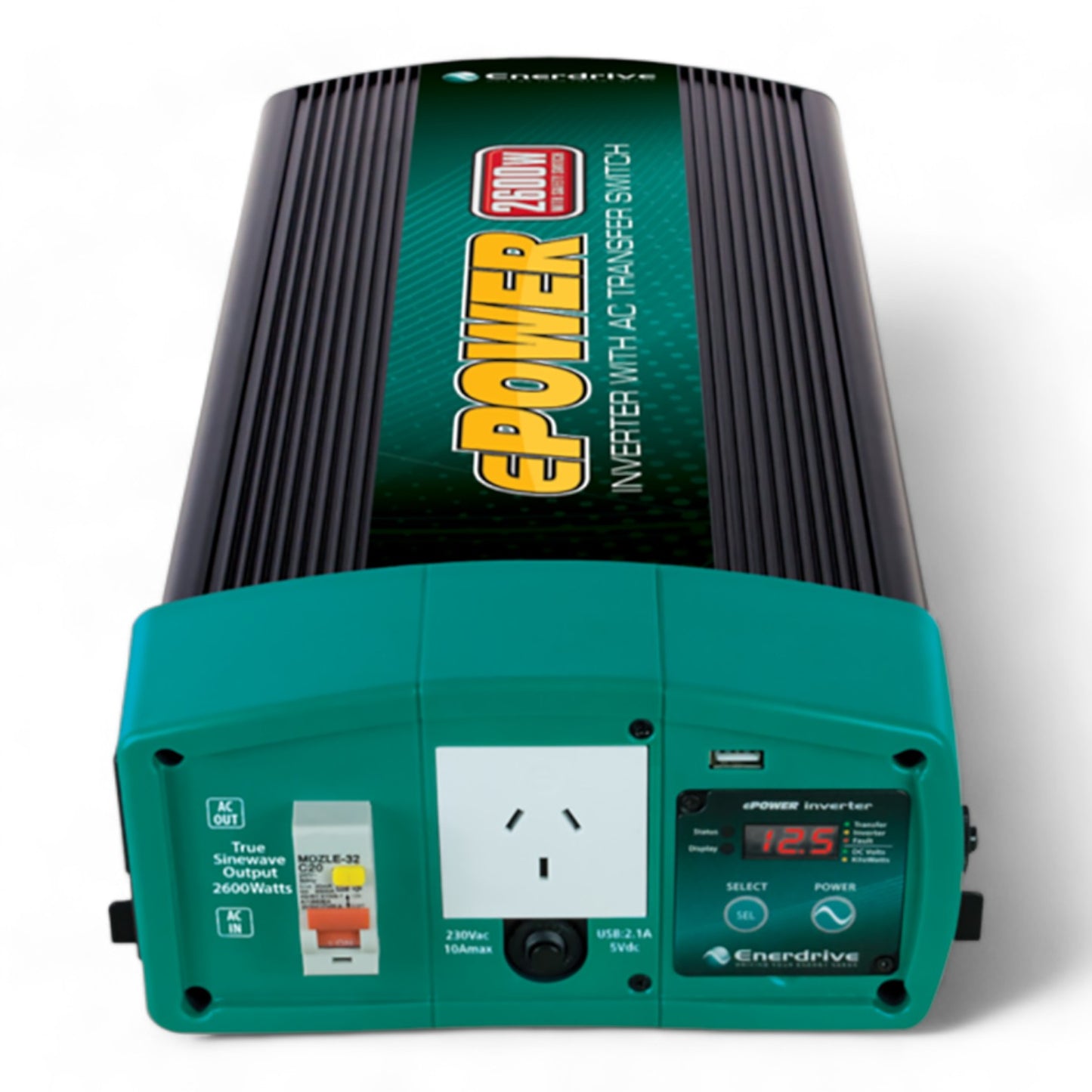 Enerdrive 2600W 12V inverter with RCD and AC transfer switch installed in campervan