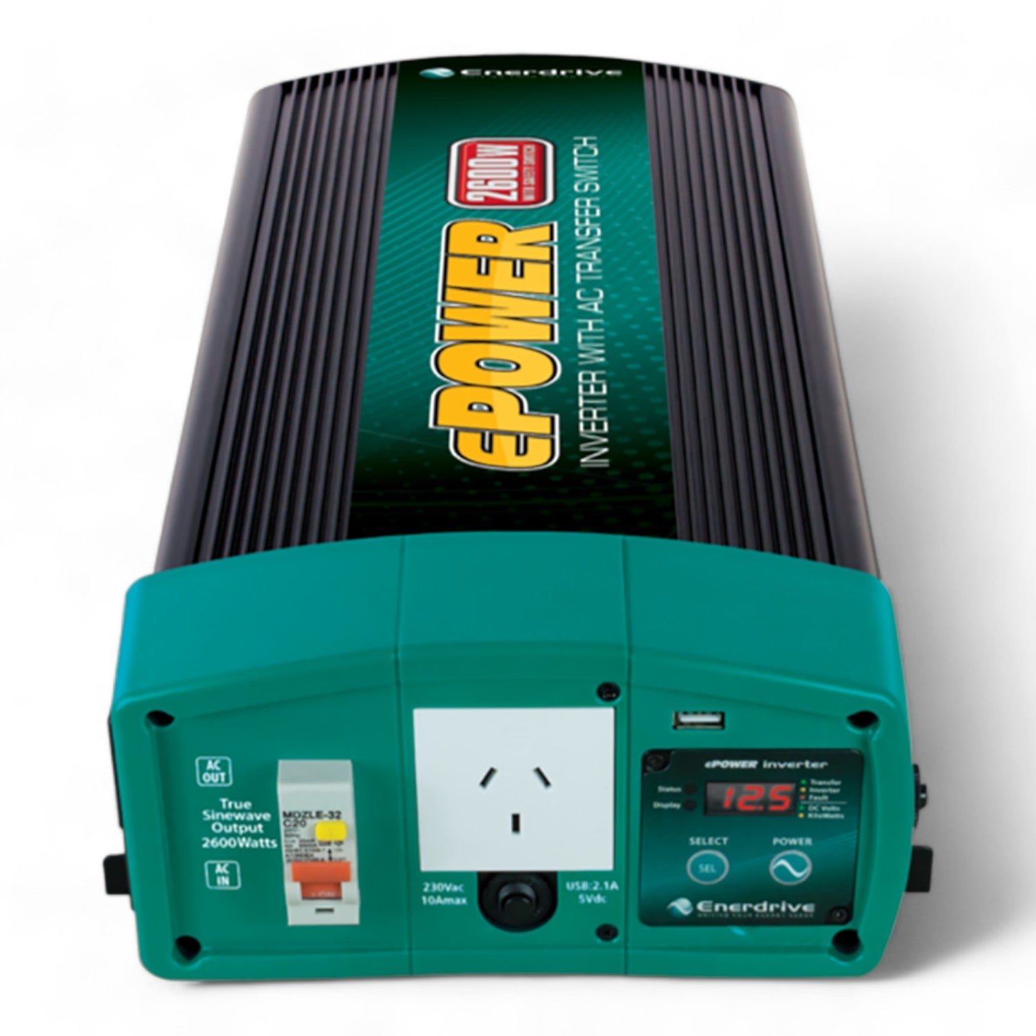 Enerdrive 2600W 12V inverter with RCD and AC transfer switch installed in campervan