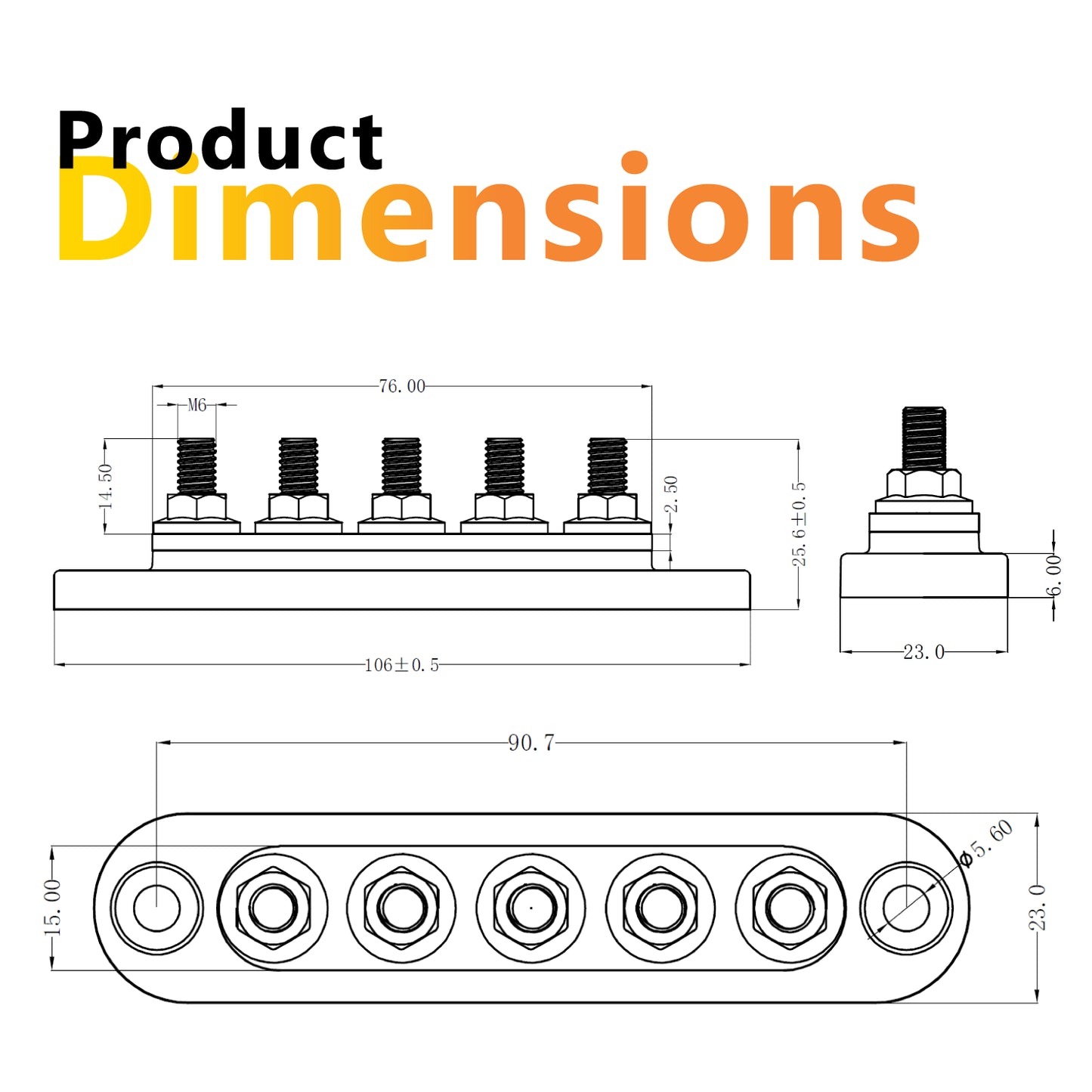 150A Black 5x M6 Stud Busbar with Cover