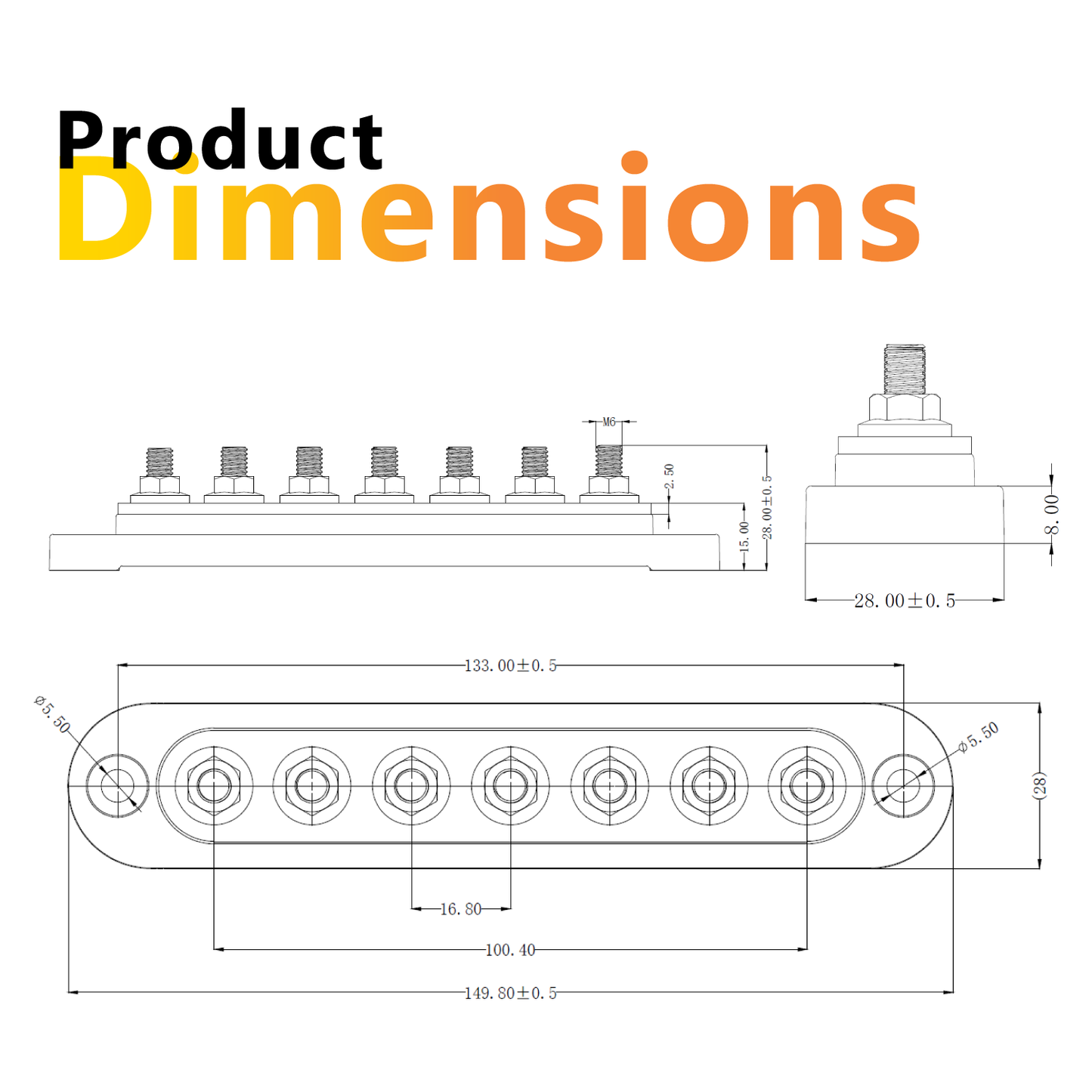 150A Black 7x M6 Stud Busbar with Cover