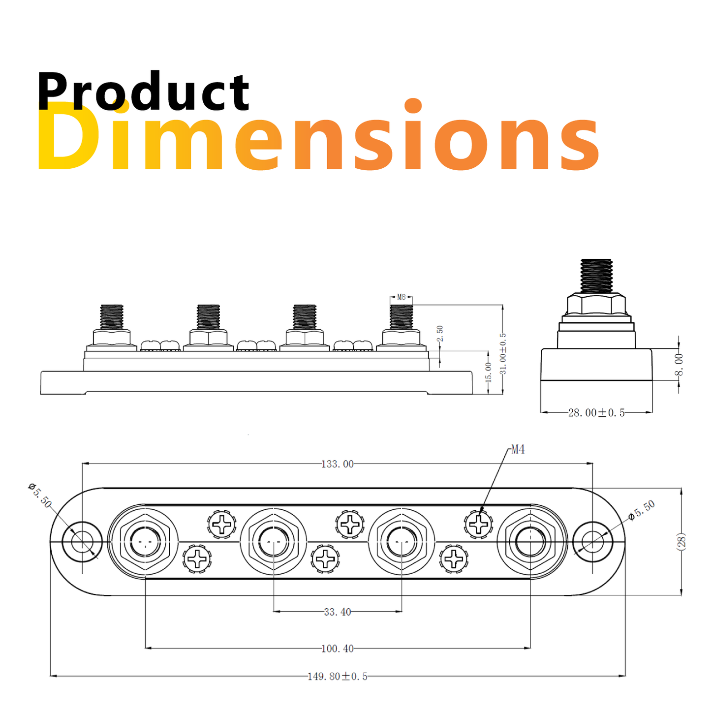 150A Black 4x M8 Stud Busbar with Cover