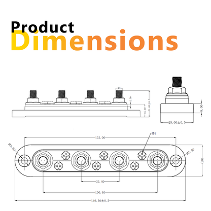 150A Black 4x M8 Stud Busbar with Cover