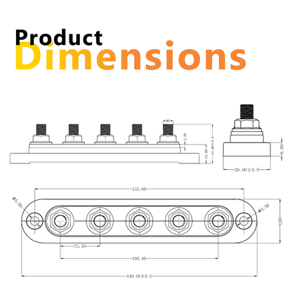 150A Black 5x M8 Stud Busbar with Cover