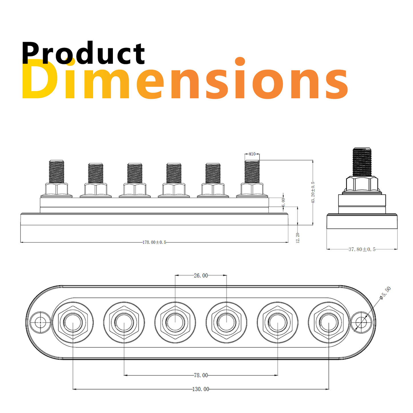 300A Black 6x M10 Stud Busbar with Cover