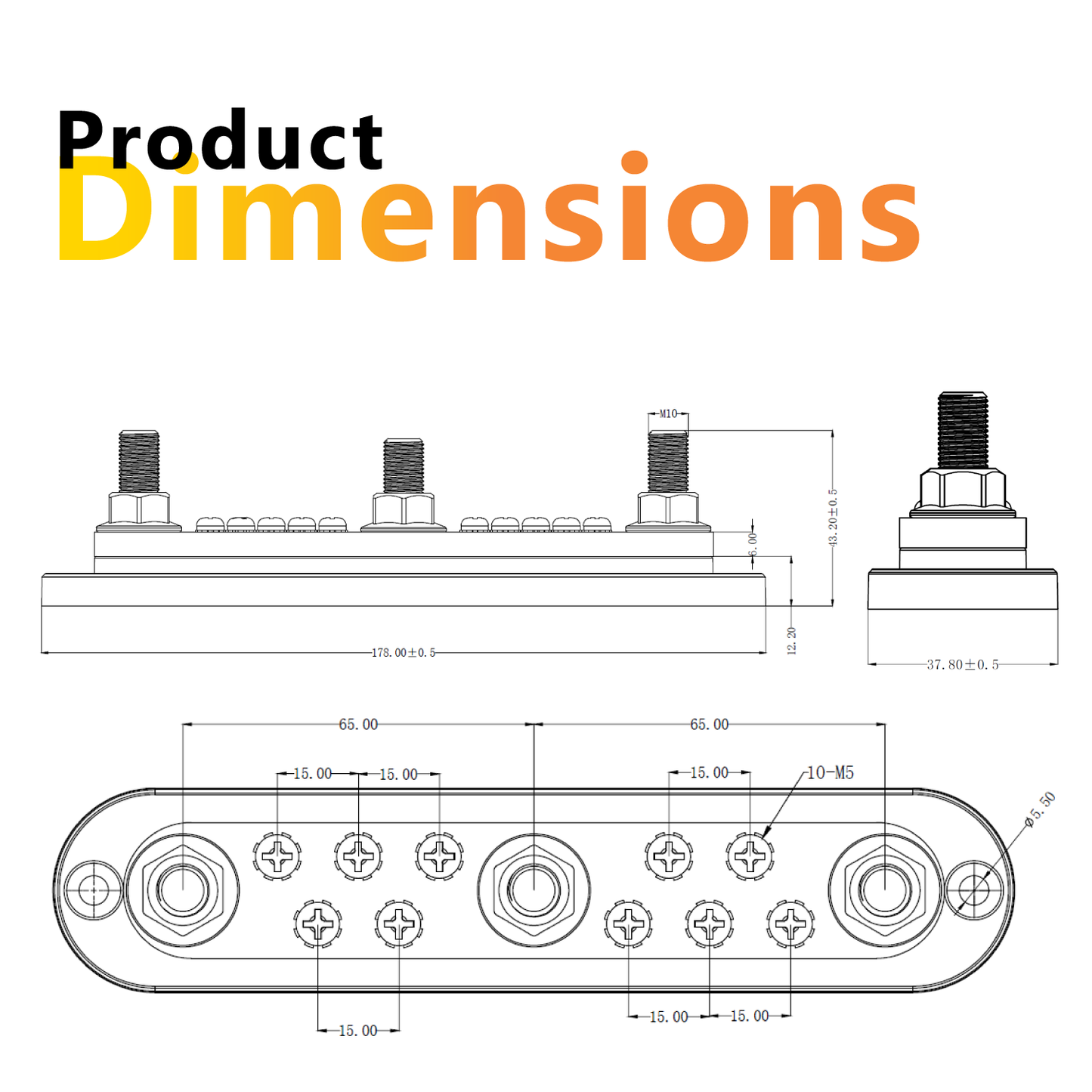 300A Black 3x M10 Stud & 10x Screw Busbar