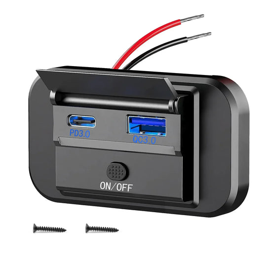 A black dual surface mount USB car charger with a flip cover, showing USBC and USBA ports, accompanied by an on/off switch and two screws for installation.