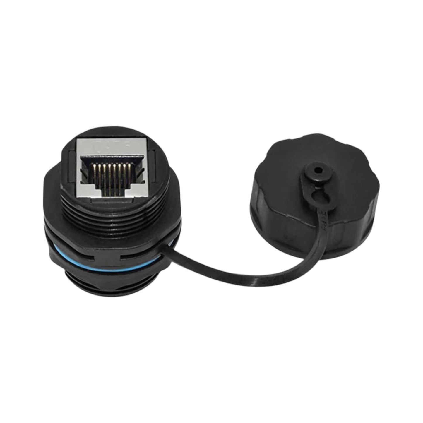 RJ45 waterproof passthrough connector close-up view