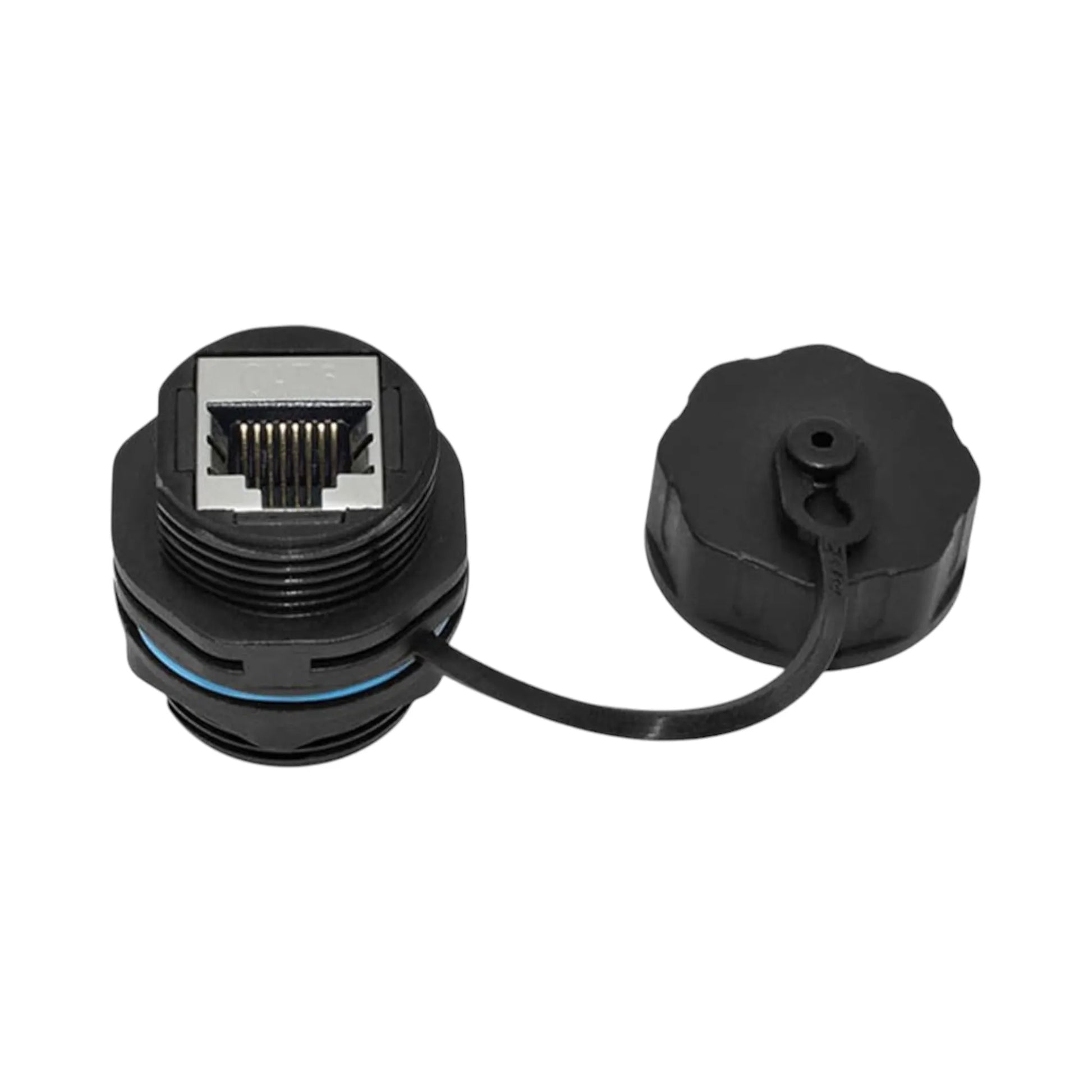 RJ45 waterproof passthrough connector close-up view