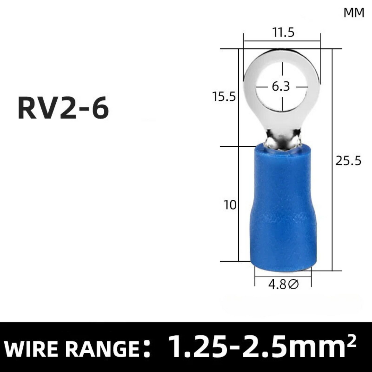 BLUE M6 Insulated Ring Terminal, 1.5mm² to 2.5mm² Wire Size 50 Pack