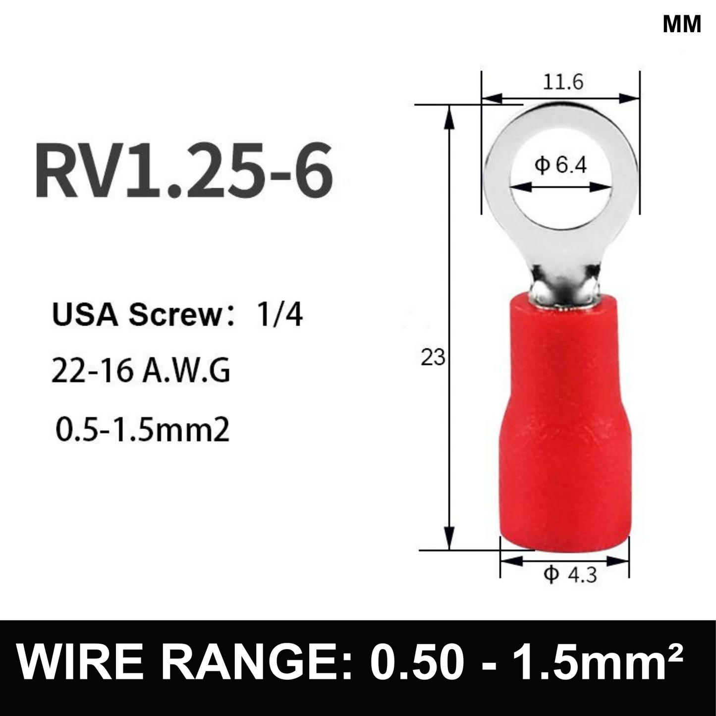 RED M6 Insulated Ring Terminal, 0.5mm² to 1.5mm² Wire Size 50 Pack