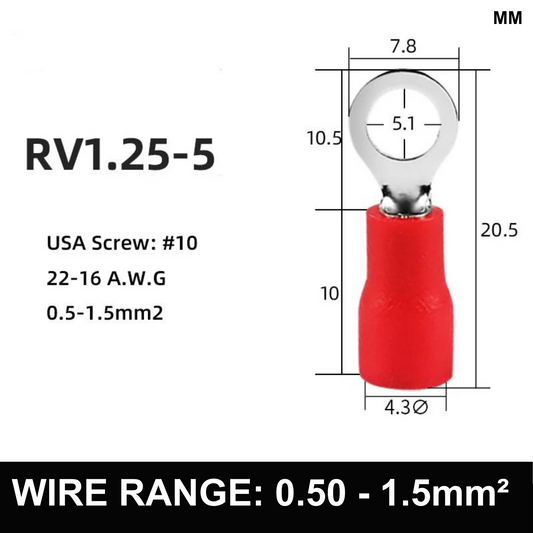 RED M5 Insulated Ring Terminal, 0.5mm² to 1.5mm² Wire Size 50 Pack