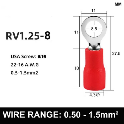 RED M8 Insulated Ring Terminal, 0.5mm² to 1.5mm² Wire Size 50 Pack