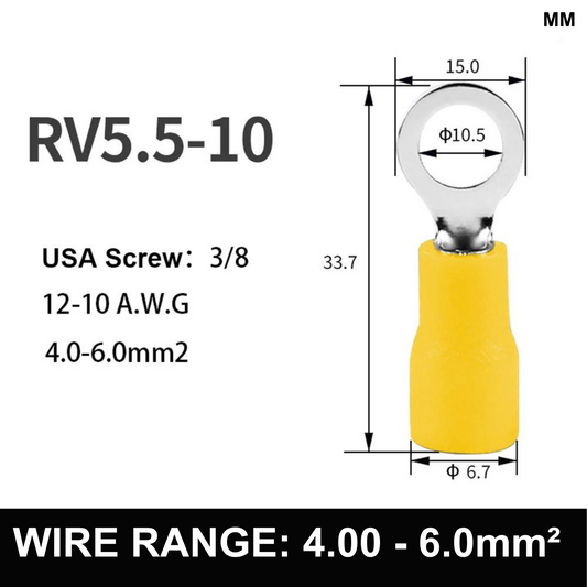 YELLOW M10 Insulated Ring Terminal, 4.0mm² to 6.0mm² Wire Size 50 Pack