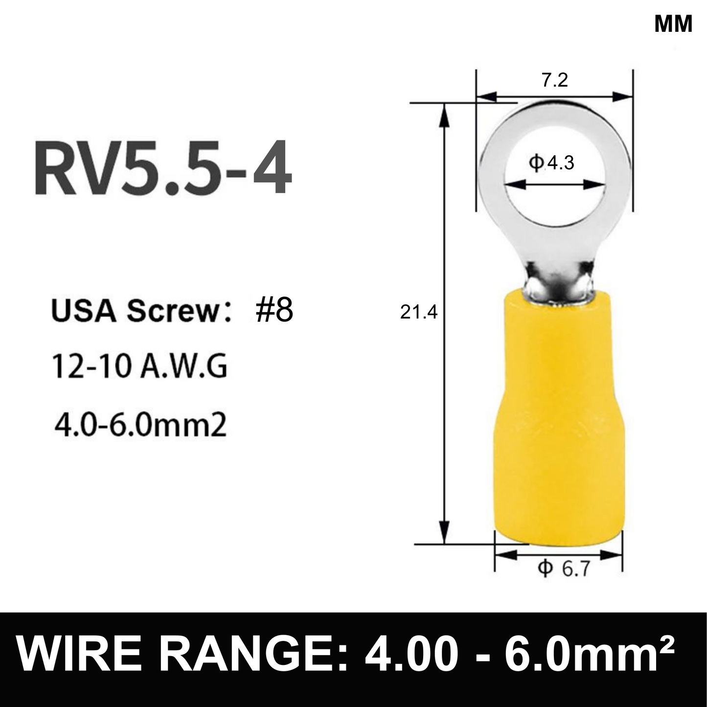 YELLOW M4 Insulated Ring Terminal, 4.0mm² to 6.0mm² Wire Size 50 Pack