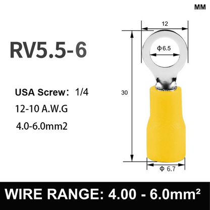 YELLOW M6 Insulated Ring Terminal, 4.0mm² to 6.0mm² Wire Size 50 Pack