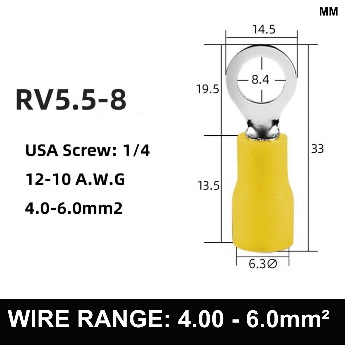 YELLOW M8 Insulated Ring Terminal, 4.0mm² to 6.0mm² Wire Size 50 Pack