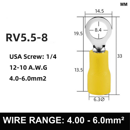 YELLOW M8 Insulated Ring Terminal, 4.0mm² to 6.0mm² Wire Size 50 Pack